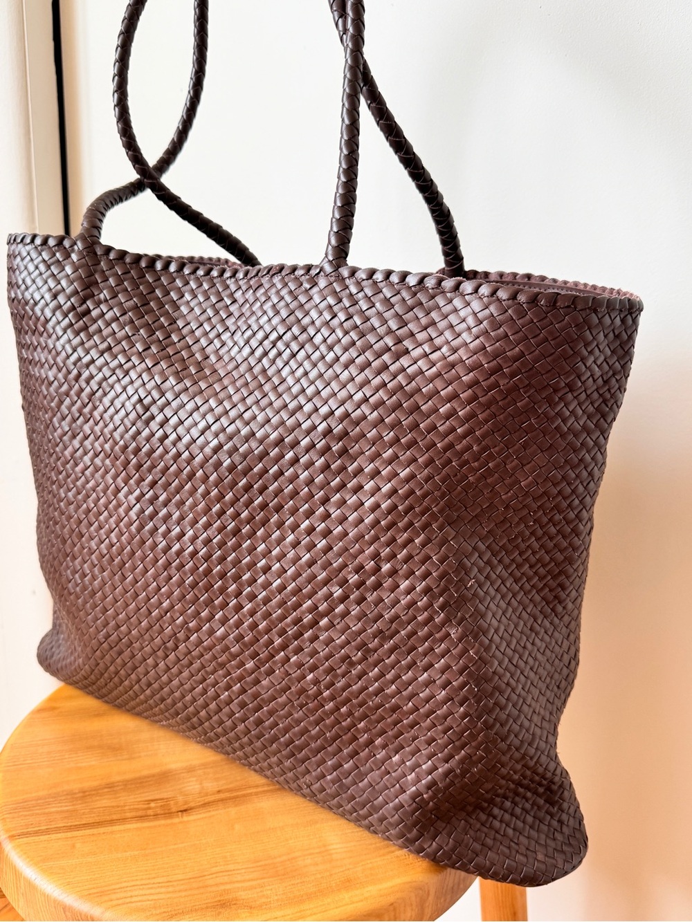 Quince Woven Italian Leather Tote Bag - Dark Brown - Picture 2 of 8